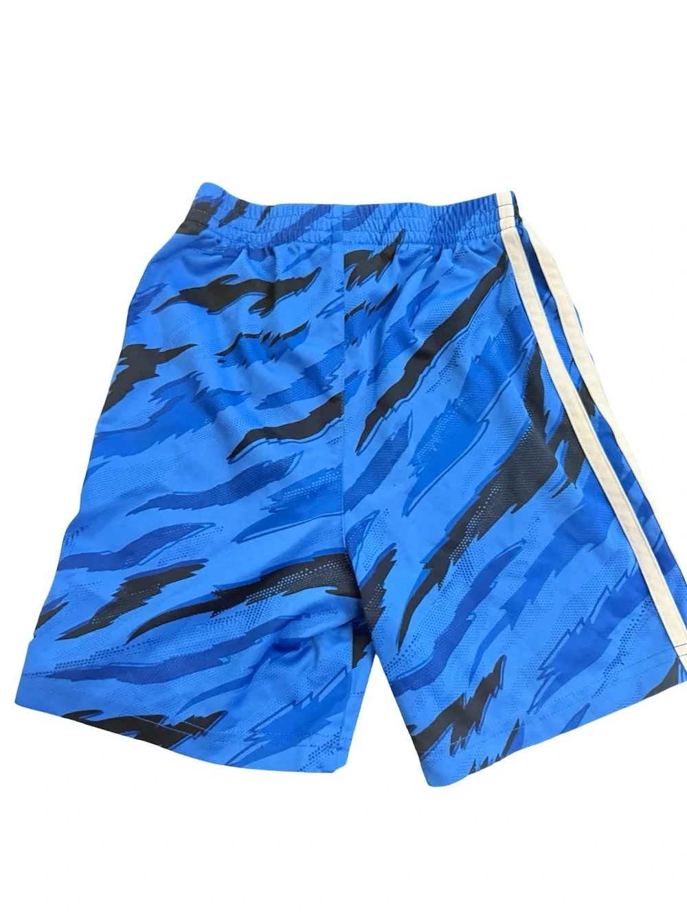 Adidas boys blue athletic shorts with black graphic & white stripes - size 6